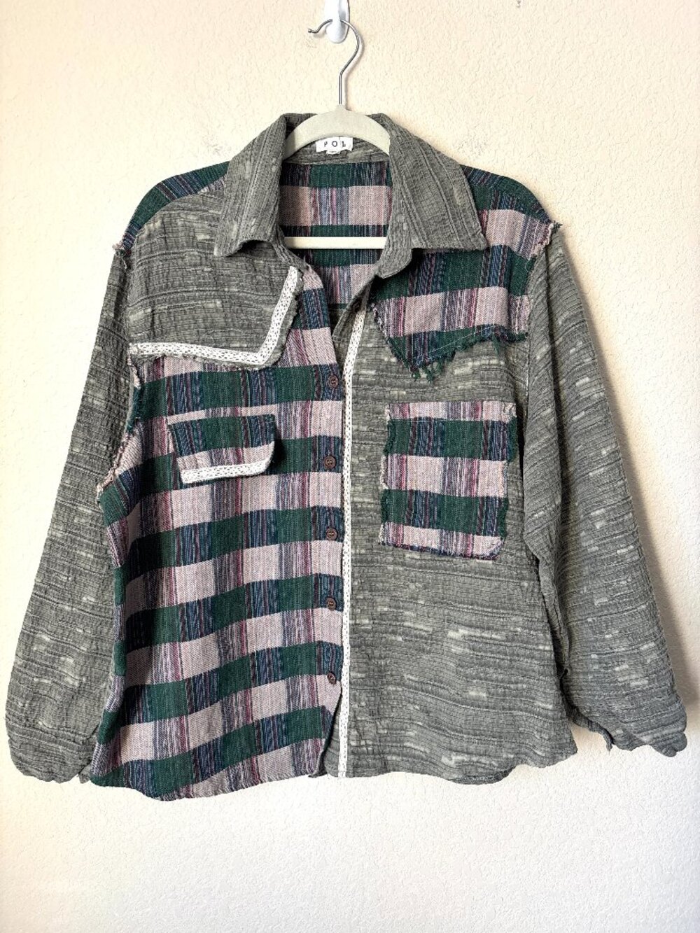 POL Linen Cotton Blend Boho Mismatched Plaid Button Up Shirt Jacket Shacket